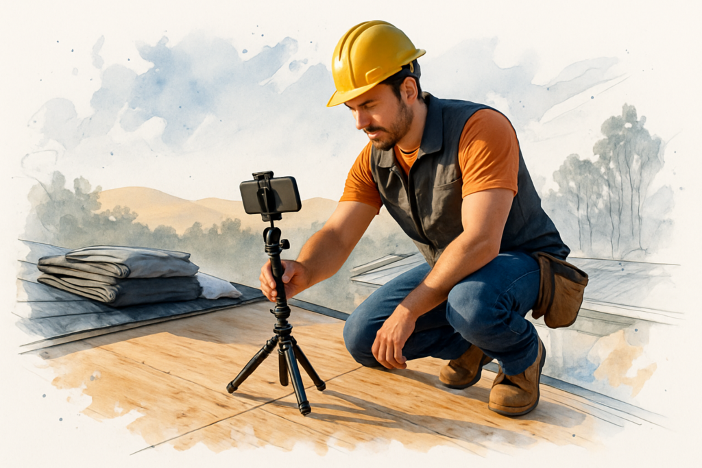 Roofer aiming a phone on a tripod at a stripped roof deck for a remote building inspection in California