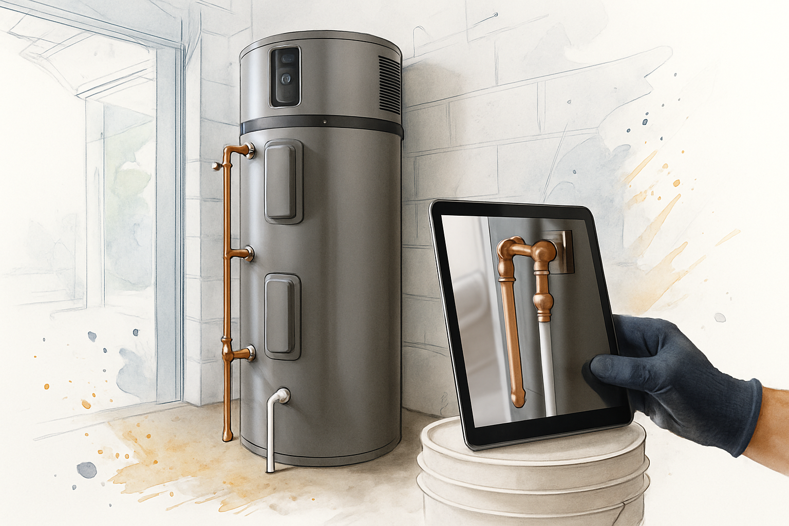 Heat pump water heater in a garage with a tablet set up to stream a remote inspection of the connections
