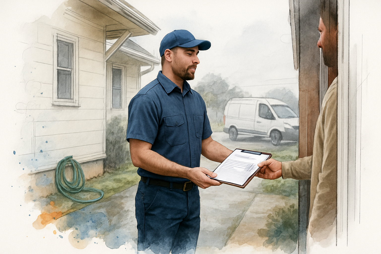 Technician handing a homeowner an invoice at the front door after a service call