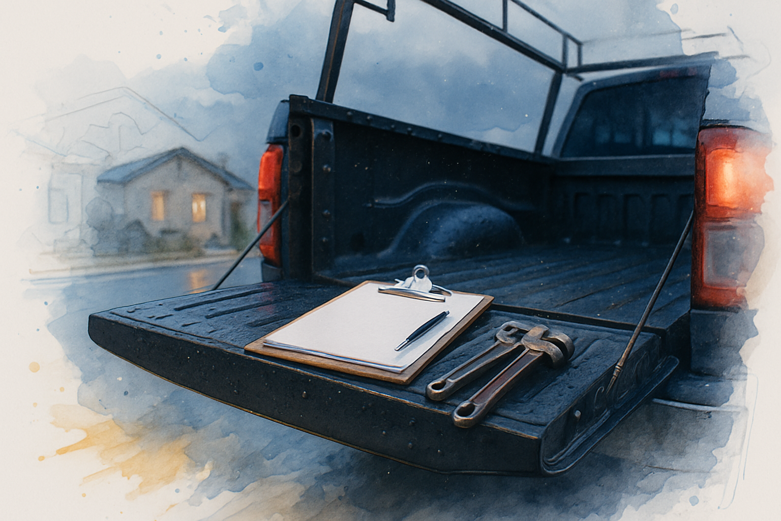 Contractor truck tailgate with a clipboard and wrenches in a rainy Salinas driveway at dusk
